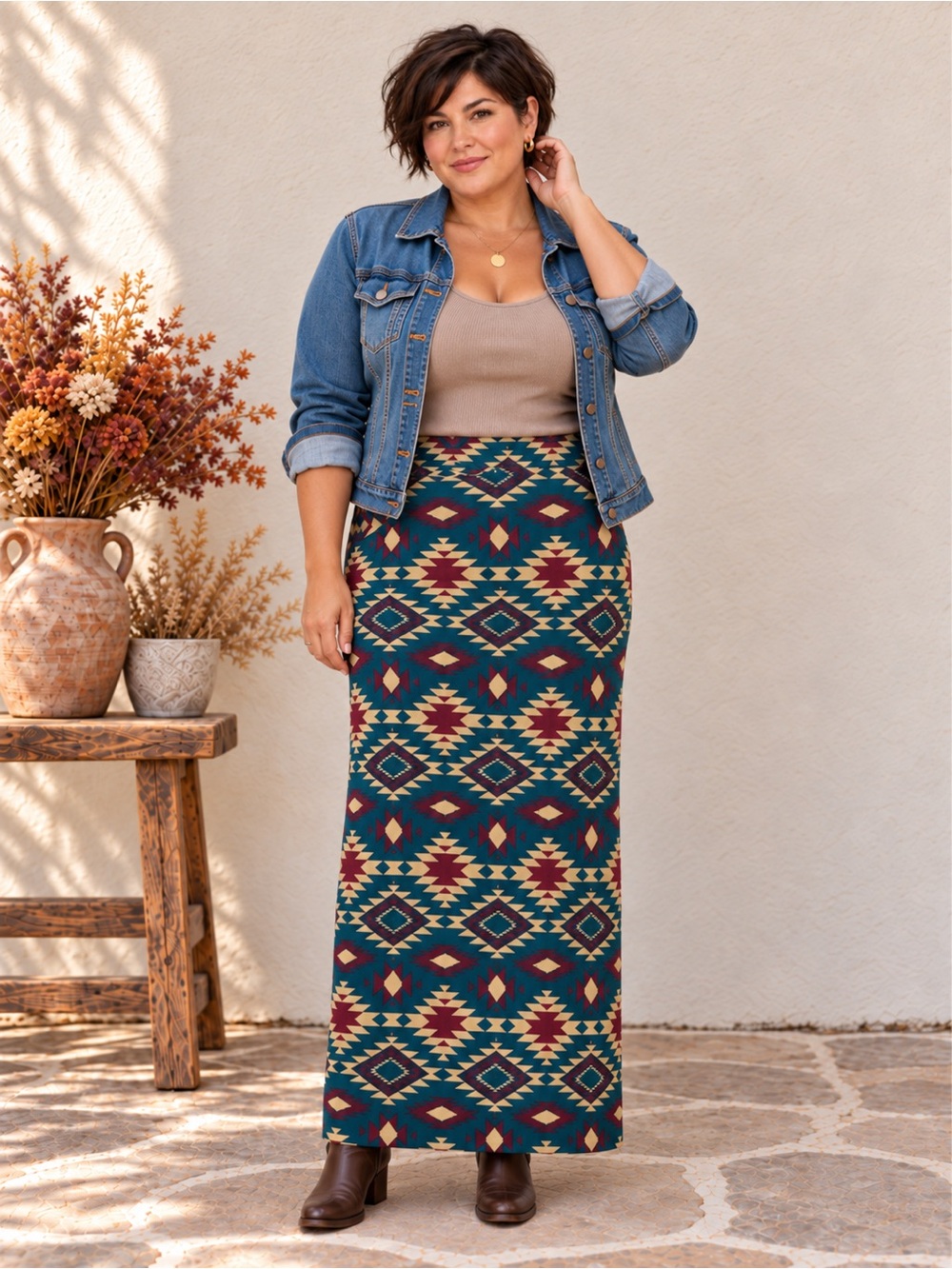 Y2K Southwest Geometric Knit Maxi Skirt Column Western Rue21 XL